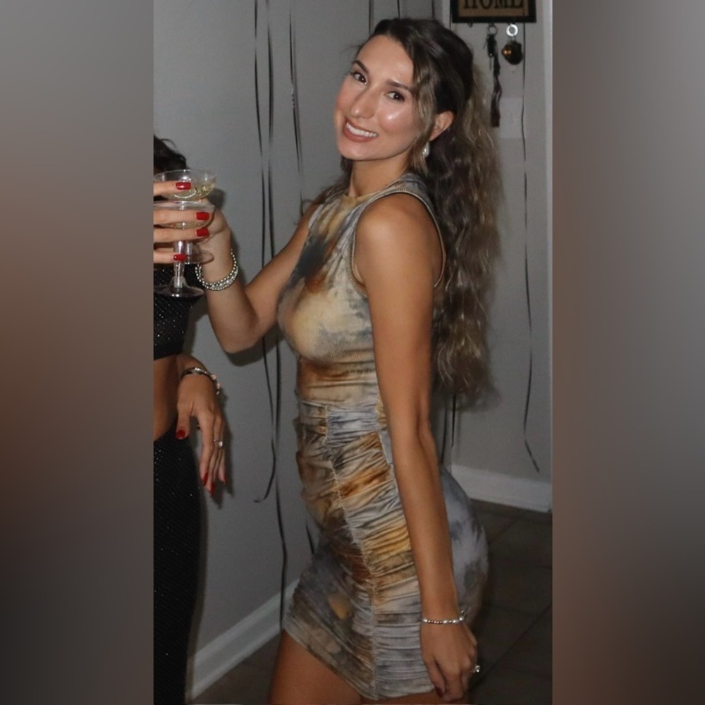 PrettyLittleThing Shape Tan Tie Dye Ribbed Bodycon Dress